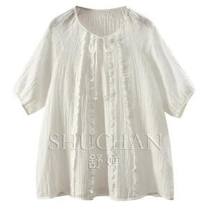 Simplified Beauty Method Penny Sense Bubble Folded Ramie Lace-Up Crew Neck Short Sleeve Shirt  Women's 23W1 - AliExpress Shirts & Blouses