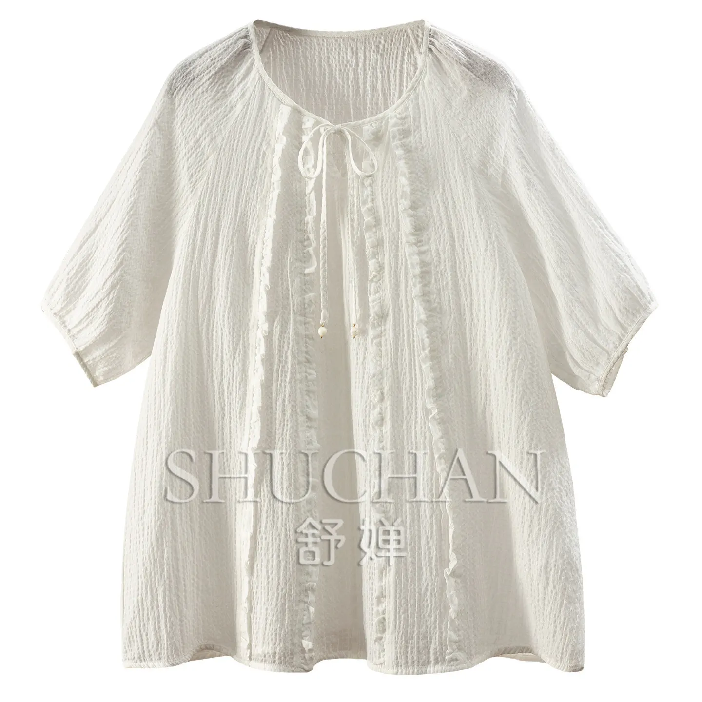 Simplified Beauty Method Penny Sense Bubble Folded Ramie Lace-Up Crew Neck Short Sleeve Shirt Women's 23W1 - AliExpress Shirts & Blouses