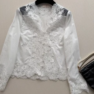 Designer Ramie Blouse Women Runway Floral Lace Hollow Out White Shirt French Elegant V-Neck Long Sleeve Top - AliExpress Shirts & Blouses