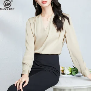 Women's Shirt 92.3% Silk, 6.8% Spandex Long Sleeves Sexy V Neck Ruched Elegant Fashion Blouse Tops - AliExpress Shirts & Blouses