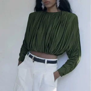 Women Green Draped Ruched Crop Top Round Neck Batwing Long Sleeve Gathered Hem Blouse Loose Casual Cropped Shirt - AliExpress Shirts & Blouses