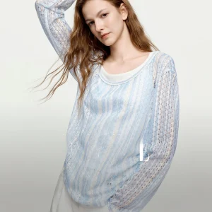 ELLE Design Sensation Lace Hollow Striped Knitted Top Women's Autumn New Style Covering Shirt Loose Fit Long Sleeve round Neck - AliExpress Shirts & Blouses
