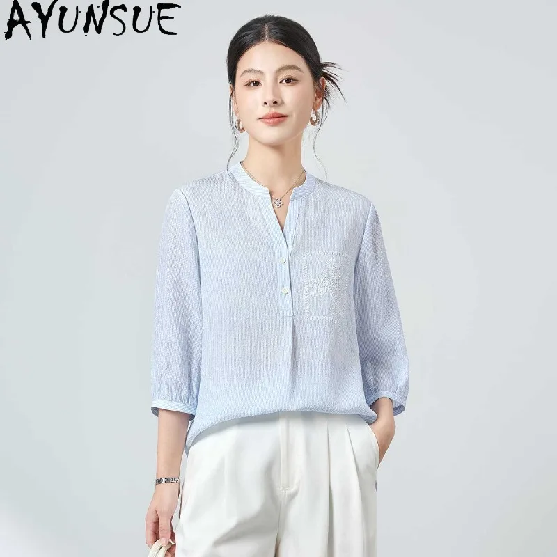 AYUNSUE 16mm Horizontal Striped Crepe Silk Women's Blouses and Shirts Embroidered Tops for Woman Commuting Woman Clothes Blusas - AliExpress Shirts & Blouses