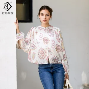 Birdtree,34% Silk 66% Cotton Print Blouse,Women O-neck Puff Sleeve Tops,Single Breasted Casual Shirt,2025 New T5D921JF - AliExpress Shirts & Blouses