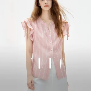 Elle Women's Casual Linen Shirt with Lace Sleeves Pink Summer New Style 2026 Commute Style Regular Length V-Neck Button Closure - AliExpress Shirts & Blouses