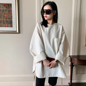 MUALLYCHEN Commuter Style Cotton Blend Women's Shirt round Neck Sash Draped Top Breathable Long Sleeve Mid-Length Coat - AliExpress Shirts & Blouses