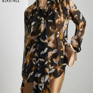 BirdTree-100%Real Silk Qiao Qi Elegant Shirt, Ribbon Collar Print, Women French Vintage Loose Sheer Blouse, 2025 Summer T64329CC - AliExpress Shirts & Blouses