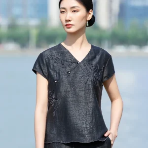 Slim Fit Silk ort Sve Embroidered V-Ne Top for Women Summer Faionable Chinese Sle Bai Da Match All Sle Pearls Di... - AliExpress Shirts & Blouses