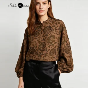 2026 Women's Fashion Clothing 100% Natural Mulberry Silk Fragrant Cloud Yarn Stand Collar Single Breasted Coffee Printed Shirt - AliExpress Shirts & Blouses