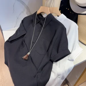 Fashionable Commuter Short Sleeve Shirt Women's Loose Fit Acetate Rayon Pure Color Turn-down Collar Button-up Top Korean Style - AliExpress Shirts & Blouses