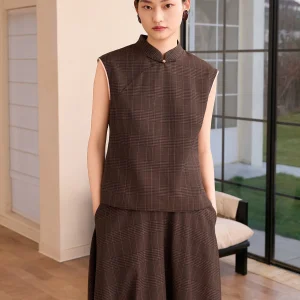 New Chinese Style Spring Shirt Women's Sleeveless Plaid Stand Collar Button up Top Comfortable Breathable Cotton Blend - AliExpress Shirts & Blouses