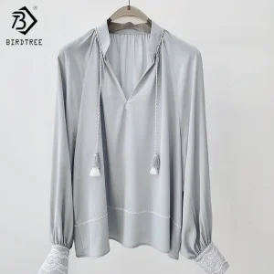 Birdtree,22MM 100%  Silk Blouse,Women's Embroidery Full Sleeve V-neck Shirts,Commuting Style,2025 New Pullover T5D402JF - AliExpress Shirts & Blouses