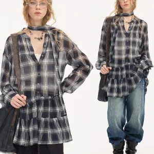 DIDDI MODA Women's Shirt Spring Summer Plaid Long Sleeve V-Neck Midi Dress Blue Grid Gored Hem Loose Fit Neutral Style - AliExpress Shirts & Blouses