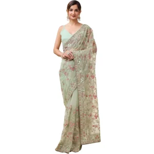 Women's Net Heavy Embroidery Sequence Work Saree with Unstitched Blouse Piece - AliExpress Shirts & Blouses