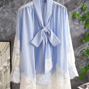 Baby Blue Lace Shirt Mid-Length Knot Sash Striped Original Design Loose Fit Long Sleeve Women's Top - AliExpress Shirts & Blouses