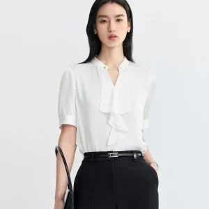 PRICH Elegant Sash Stand Collar Lightweight Texture Short Sleeve Shirt 2026 Summer New Commute Top Women's Fashion Polyester ... - AliExpress Shirts & Blouses