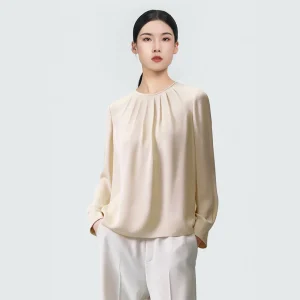 2026 New Summer 19 Momme Silk Blouse for Women Double Georgette Pleated Round Neck Long Sleeve Casual Top - AliExpress Shirts & Blouses