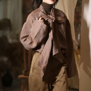 SayFir Original Color Woven Linen Beautiful Brown Tone Versatile Shirts for Women with Large Draping Belt Commute Style Long ... - AliExpress Shirts & Blouses
