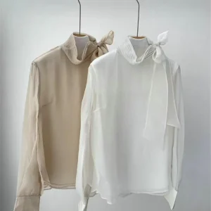 Women's Stand-Collar Beaded Pleats Blouse Top 100% Silk Long-Sleeve Shirts - AliExpress Shirts & Blouses