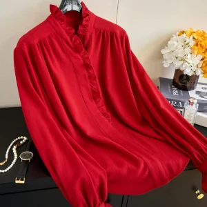Elegant Long Sleeve Woolen Shirt Red with Lace Design Straight Cut Original Design Spring 2026 Women's Fashion Breathable - AliExpress Shirts & Blouses