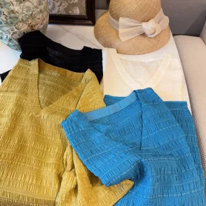 Elegant V-Neck Short Sleeve Silk Cotton Blend Shirt Pleated Loose Fit Summer Slimming Bubble Gown Women's Casual Fashion Top - AliExpress Shirts & Blouses