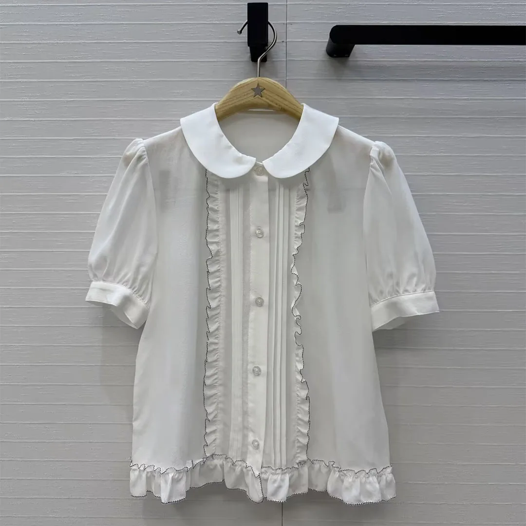 Sweet Edible Tree Fungus Patchwork 100% Silk White Shirt Women Peter Pan Collar Short Sleeve Retro Loose Blouse Tops - AliExpress Shirts & Blouses