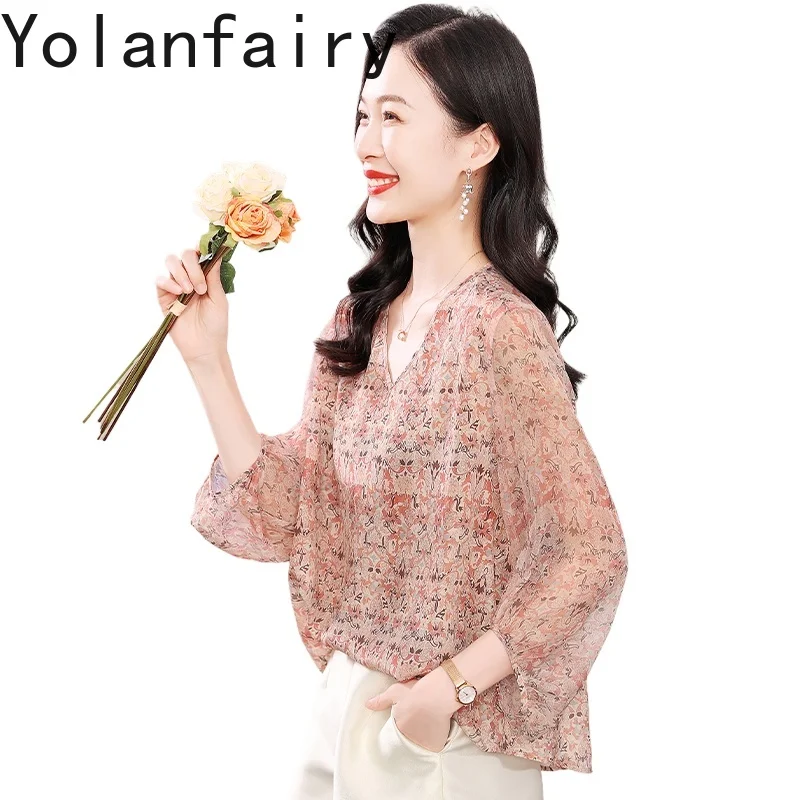 YOLANFAIRY 100% Real Mulberry Silk Blouse Women 2025 Summer Vintage Printed T Shirts Female Light Luxury Woman Tops and Blouses - AliExpress Shirts & Blouses