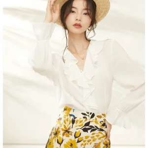 Spring 2026 Women's Silk Shirt Romantic Style White Color Leaf Collar Long Sleeve V-neck Straight Cut Bubble Sleeve Top - AliExpress Shirts & Blouses