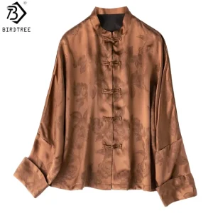 Birdtree, 45MM 100% Real Silk Blouse, Jacquard Gambiered Canton Gauze Shirt, Women Chinese Style Tops, 2026 Spring New T63629JF - AliExpress Shirts & Blouses
