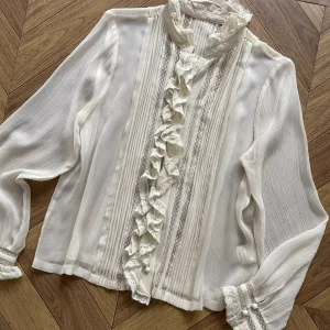 2-Color Women 100% Silk Blouse Top Lace Ruffles Spliced Stand Collar Long Sleeve Single Breasted Elegant Ladies Shirt - AliExpress Shirts & Blouses