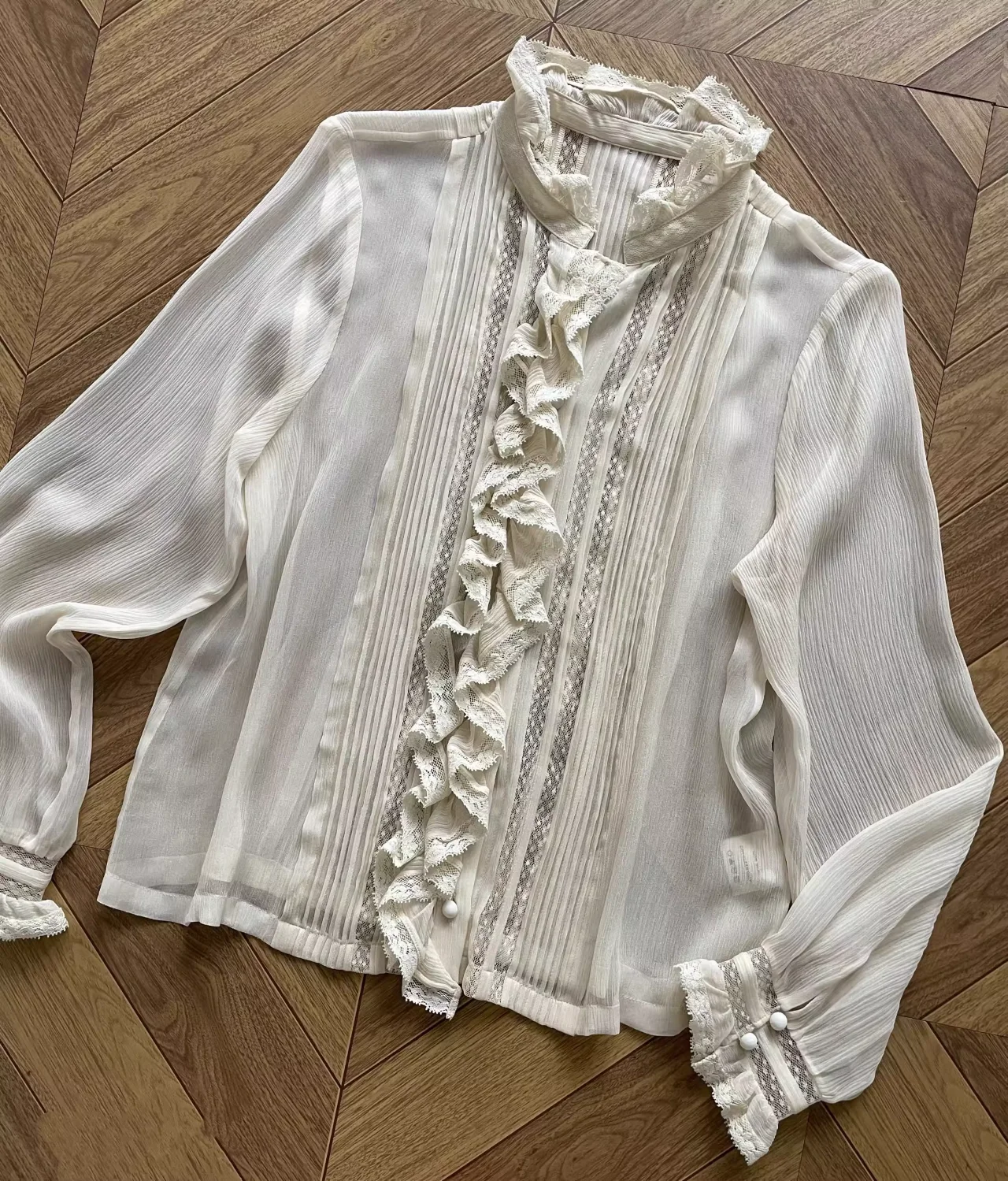 2-Color Women 100% Silk Blouse Top Lace Ruffles Spliced Stand Collar Long Sleeve Single Breasted Elegant Ladies Shirt - AliExpress Shirts & Blouses