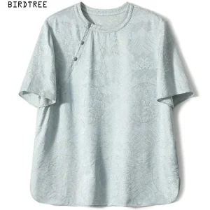 BirdTree-22MM 44.6%Silk Elegant Shirt, Short Sleeve Jacquard, Women Vintage Temperament Loose Blouse, 2026 Summer New T63635CC - AliExpress Shirts & Blouses