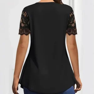 Female Tops Women’s V Neckline Lace Splicing Top Short Sleeve Pullover Blouse Loose Hem Anti-wrinkle Shirt for Summer Soft - AliExpress Shirts & Blouses