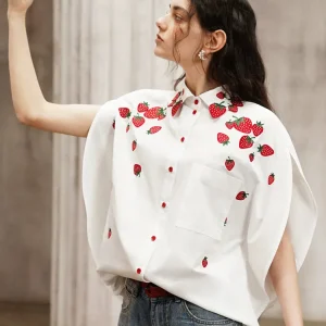 106-114cmBust Summer White Oversized ShirtsTops Women Super Sweet Strawberry Embroidered Loose Shirt French Elegant Collared Top - AliExpress Shirts & Blouses