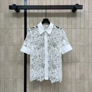 Collarless single-button butterfly openwork lace short-sleeved blouse for women, white, elegant and versatile, sleeveless top - AliExpress Shirts & Blouses