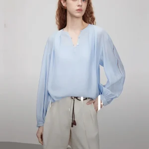 Elle Blue Acetate Lace Trim V-Neck Women's Shirt Summer New Elegant Shirt Commute Style Loose Fit Long Sleeve Pure Color - AliExpress Shirts & Blouses