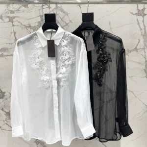 2026 New Arrival Women's Blouses And Shirts Fashionable Beaded Embroidered White Shirt Elegant Transparent Black Tops - AliExpress Shirts & Blouses