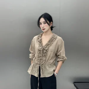 BodhlCat Slimming V-neck Belted Shirt Women's Fashionable French Style Loose Fit Long Sleeve Cotton Linen Shirt - AliExpress Shirts & Blouses