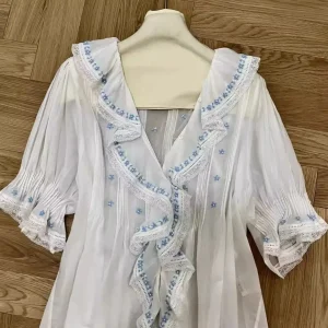 Blue Floral Embroidery Women White Shirt Ruffles Stitching V-Neck Puff Sleeve Single Breasted Fashion 100% Cotton Blouse Top - AliExpress Shirts & Blouses
