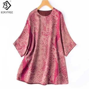 Birdtree, 100% Silk Print Blouse, Batwing Sleeve Tops, Jacquard satin, Women's Floral Luo Xiangyunsha Shirt, 2026 New T68404JF - AliExpress Shirts & Blouses