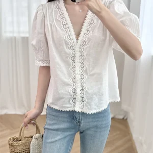 88-94cmBust Summer White Shirts Tops Women French Brief Elegant Loose Sexy V-Neck Embroidery Lace Patchwork 100%RamieThin Shirts - AliExpress Shirts & Blouses