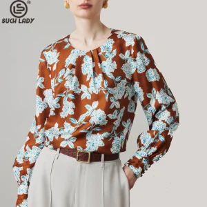 100% Silk Women's Blouse O Neck Long Sleeves Printed Fashion Pullover Blouse Tops - AliExpress Shirts & Blouses
