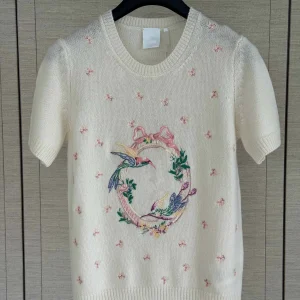 2026 Custom White Floral Bird Embroidery Knit Top Women Crew Neck Short Sleeve Soft Knit Blouse Custom Logo Summer Shirt - AliExpress Shirts & Blouses