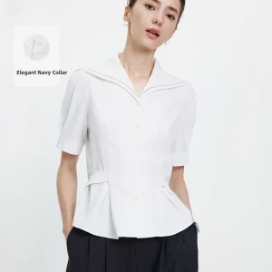 Navigare Women's White Navy Collar ort Sve irt 2026 New Sle Ele Slim Fit Adjustable Waist Belt Casual irt - AliExpress Shirts & Blouses