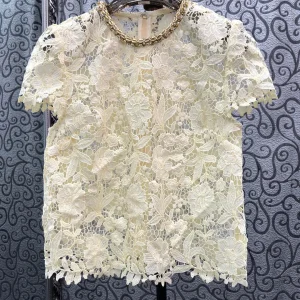Milan Small Town Special Offer Short Sleeve round Neck Pearl Chain Embroidered Lace Flower Precise Beads Women's Top - AliExpress Shirts & Blouses