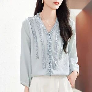 New Elegant Fashion Shirts Blouses for Women Summer V-neck 100% Real Silk Women's Shirt Loose Tops Office Lady Solid Blouse - AliExpress Shirts & Blouses