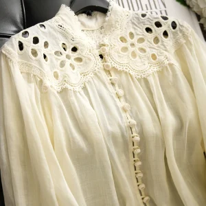 Elegant Lace Hollow out Lantern Sleeve Silk Shirt with Shoulder Bows 100% Linen Original Design Loose Fit Women's Top - AliExpress Shirts & Blouses