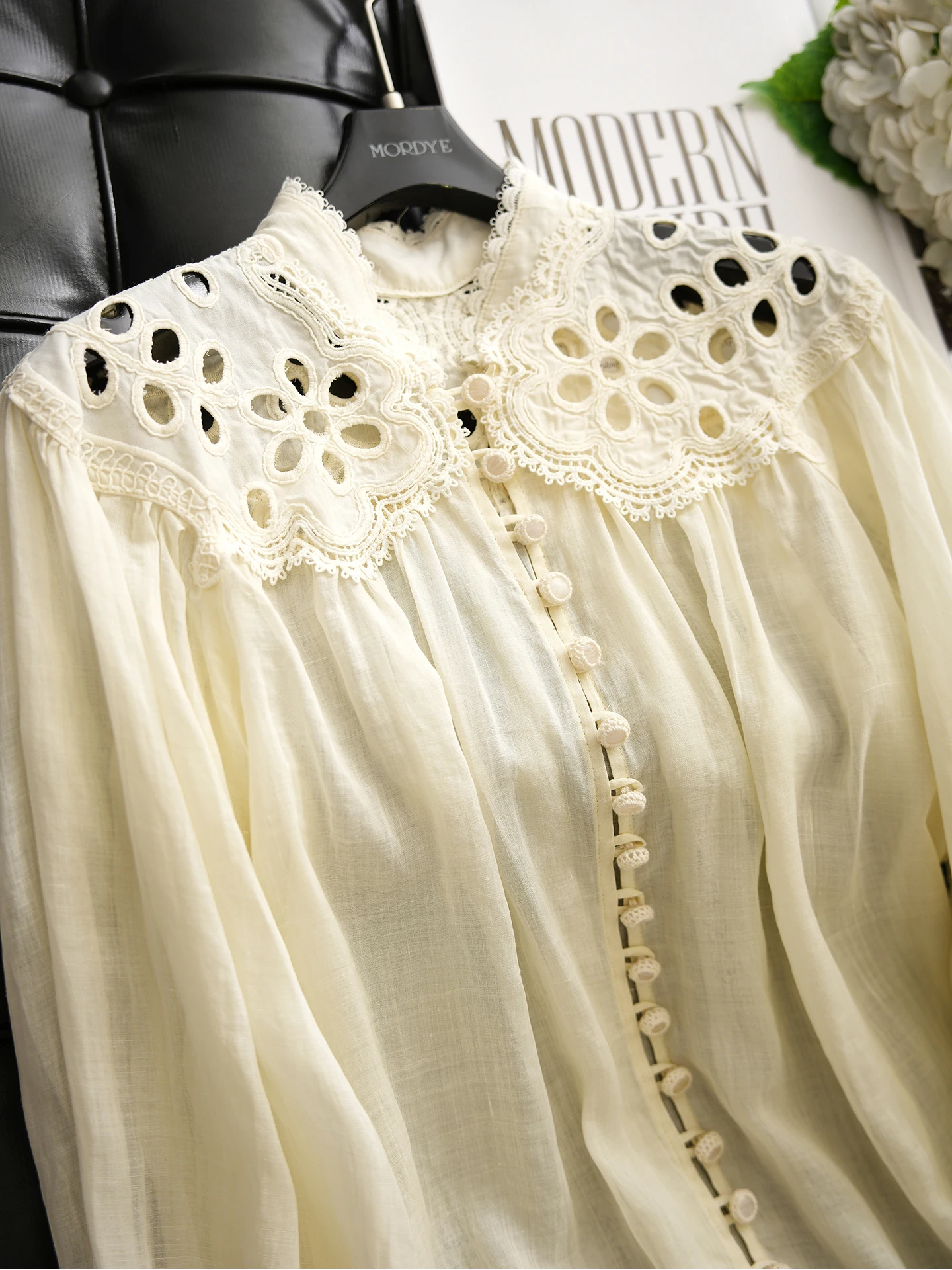 Elegant Lace Hollow out Lantern Sleeve Silk Shirt with Shoulder Bows 100% Linen Original Design Loose Fit Women's Top - AliExpress Shirts & Blouses