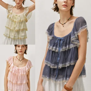 Tamil Morning Noon Silk Blend Shirt Vintage Lace Patchwork Fly Sleeve Top French Style Loose Fit Short Sleeve Women's Blouse - AliExpress Shirts & Blouses