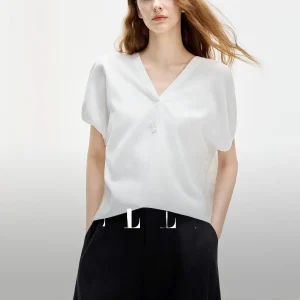 Elle Women's White Texture Linen V-neck Shirt Batwing Sleeve Casual Style Summer New Arrival Elegant Feel Commute Fashion - AliExpress Shirts & Blouses